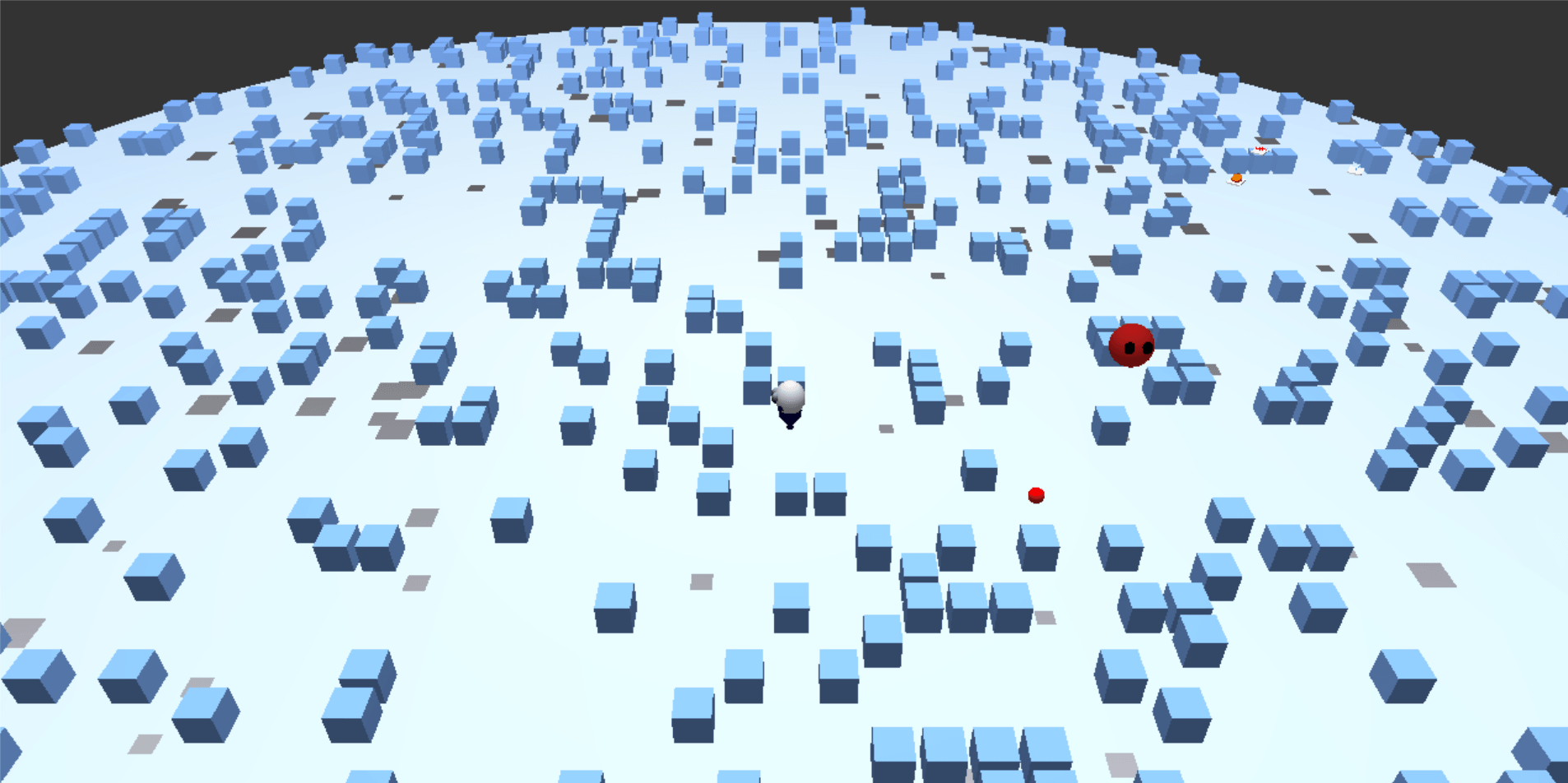 BombArena in boss mode: a wide circular arena of pale blue destructible blocks, the white player in the center and a red boss with dark eyes to the right.